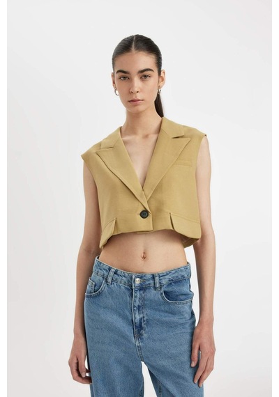 DeFacto Crop Ceket Yaka Basic Düz Blazer Yelek D1199AX24SMKH485 Haki