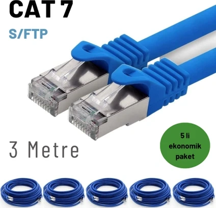 5 Adet 3 Metre Mavi Cat7 Kablo S/ftp Ethernet Network Lan Ağ Kablosu