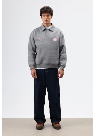 Vamos Polo Yaka Oversize Baskılı Yıkamalı Sweatshirt Füme