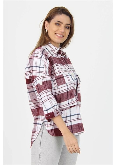 Neşeli Butik Kadın Katlanabilir Kol Cep Detaylı Ekose Oduncu Gömlek Nb9020 bordo