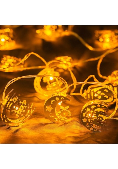 Ramazan Konsept Süsleme Pilli Led Işık 10lu Gold Metal Kandil Ay Yıldız Minare Karışık Işık Zinciri Gold