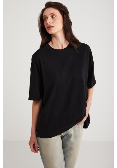ETHIQUET AGERTHA Kadın %100 Organik Pamuklu Regular Fit Bisiklet Yaka Kısa Kollu Siyah T-shirt