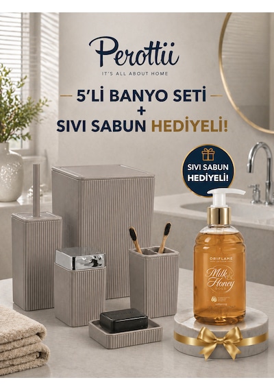 Perottii 5 Li Banyo Seti + Sıvı Sabun Hediyeli Lüks Set Bej - Krem