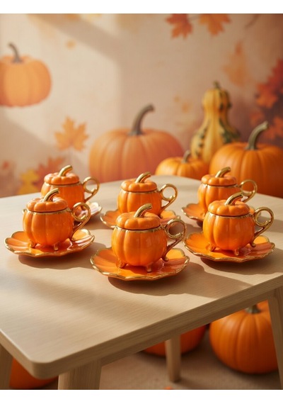 6 Lı Pumpkin Balkabağı Desenli Fincan Takımı - Kapaklı Ve Ayaklı Model Turuncu