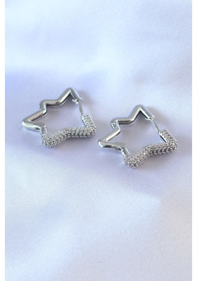 Gümüş Renk Yıldız Model Zirkon Taşlı Pirinç Kadın Küpe Altın 02554856