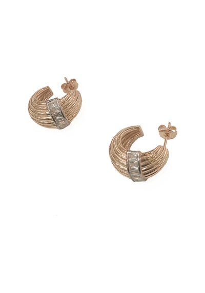 Yarım Ay Desenli Gümüş Küpe, Baget Taşlarla - Gold Renk Gümüş