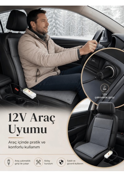 Beylini 12v Araç Koltuk Isıtıcı Minder 5 Kademeli Kumandalı Çakmaklık Girişli Sırt Ve Oturma Isıtma Minderi Gri 35x90 Cm