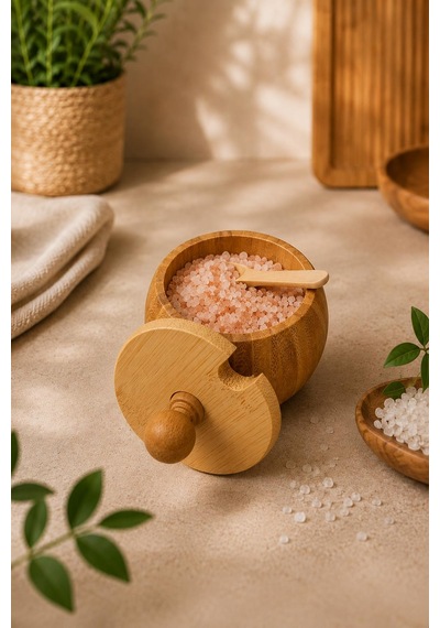 Bambu Baharatlık Seti 3'lü Kapaklı Kaşıklı Tuzluk Şekerlik Saklama Kabı Doğal Ahşap Organizer