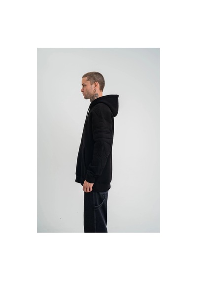 Erkek 3 İplik Pamuklu Oversize Kapüşonlu Nakışlı Hoodie Sweatshirt - Siyah