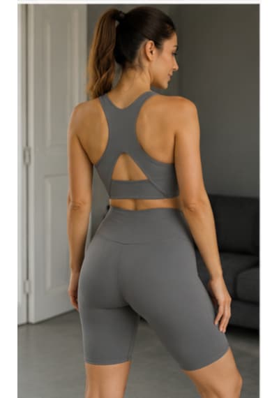Cocosushicooo Kadın Gri Spor Takım Yüksek Bel Toparlayıcı Biker Tayt Ve Sırt Detaylı Spor Büstiyer