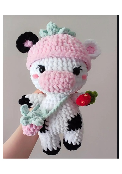 El Yapımı Tek Parça Tığ İşi Peluş: Çilek İnek Amigurumi 02 - Çok Renkli