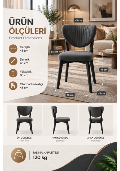 4'lü Mutfak Salon Sandalyesi Modern Antrasit Kumaş Elma Sandalye