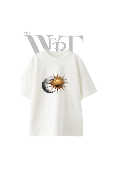 Thewert Gunes Ay 1 Tasarım Baskılı Ünisex Beyaz Oversize T-shirt