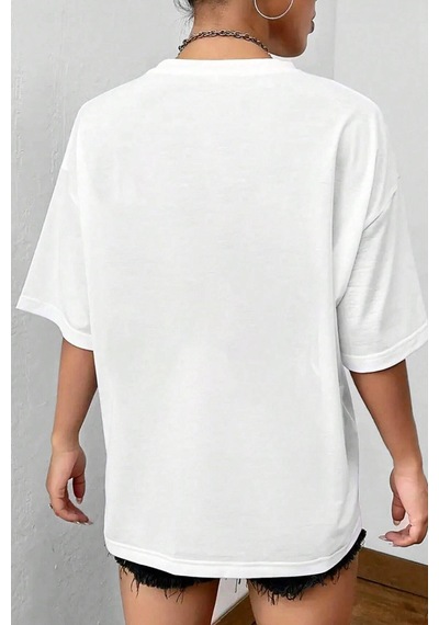 Unisex Şeytan Kalp Baskılı Oversize Tshirt Beyaz