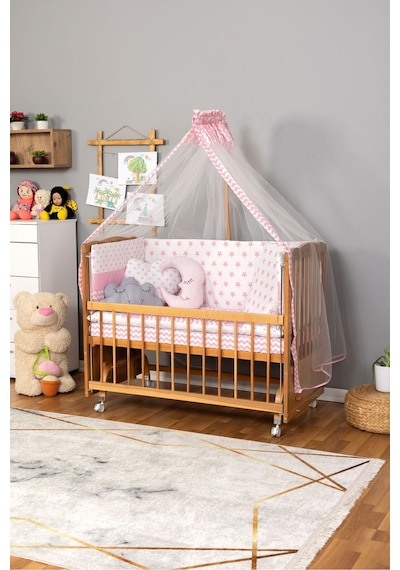 Ahşap Beşik Anne Yanı Beşik Vernikli 60x120 - Pembe Yıldız 3 Yastık Uyku Seti + Yatak + Tekerlekli Ahşap Ahşap Beşik Anne Yanı Beşik Vernikli 60x120 - Pembe Yıldız 3 Yastık Uyku Seti + Yatak + Tekerlekli Ahşap
