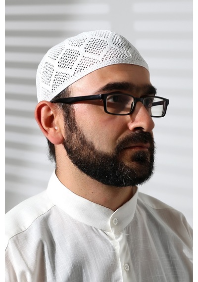 Makine Örgüsü Dantel Detaylı Namaz Takkesi Beyaz Beyaz