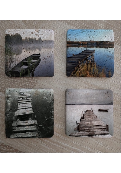 Gölde İskele Ve Kayık Manzaraları Doğal Taş Bardak Altlığı 4'lü Set - Natural Stone Coasters - Taş Çok Renkli