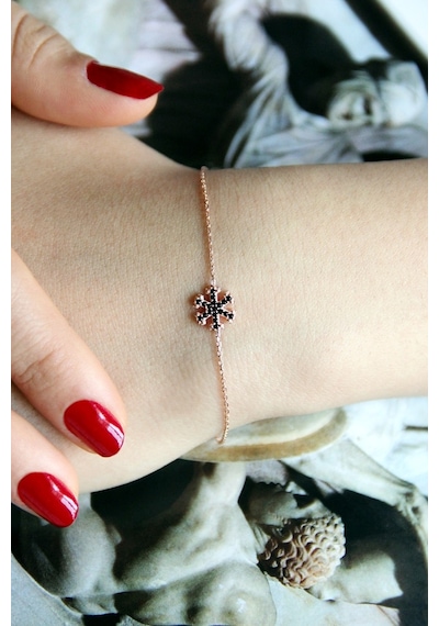 Siyah Taşlı Gümüş Kar Tanesi Bileklik Rose Gold