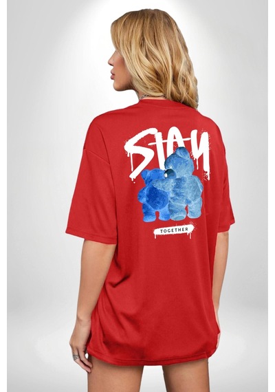 Birlikte Kal Kırmızı Oversize Unisex Ön Ve Sırt Baskılı Tişört Kırmızı