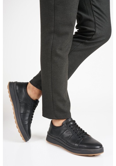 Fame Step Hakiki Deri Erkek Casual Ayakkabı Comfort Bağcıklı Ortopedik Günlük Rahat Taban Siyah Sneaker Verona