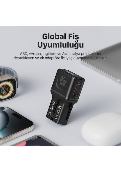 Xenon Smart Priz Dönüştürücü 45w Gan Hızlı Şarj, 200+ Ülke, 2x Usb-c, Pd Pps, Seyahat Adaptörü X6409