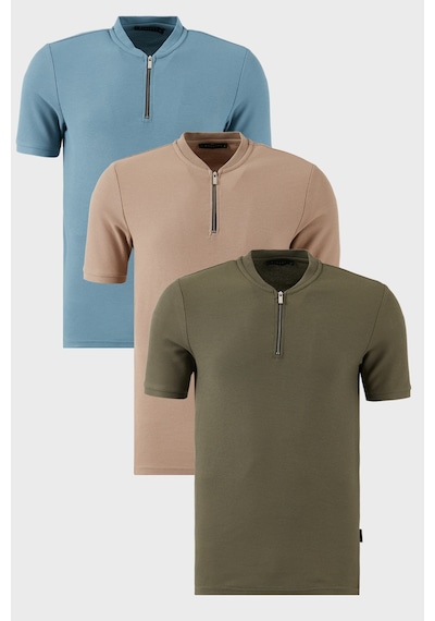 Buratti Pamuklu Regular Fit Yarım Fermuarlı Kolej Yaka 3'Lü Paket Erkek T Shirt 5902653S3 Vizon-Haki-Mavi