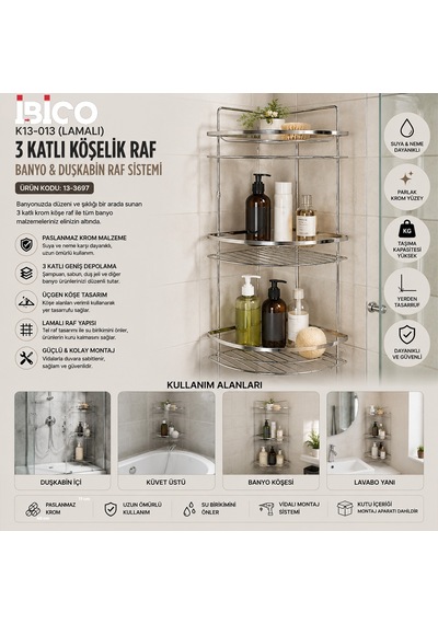K13-013 Lamalı 3 Katlı & Üçgen Krom Metal Banyo Köşelik & Duşkabin Raf 12'li Paket