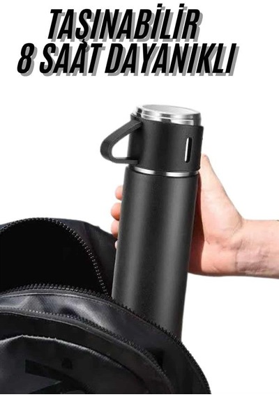Termos Seti 3'lü Bardak Seti Isı Dayanıklı Siyah Paslanmaz Çelik Vakumlu - Lisinya