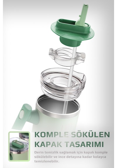 Fika Lumi Patentli Döner Kulplu Sızdırmaz Çift Ağızlıklı Çelik Termos 950 Ml Mint Yeşili