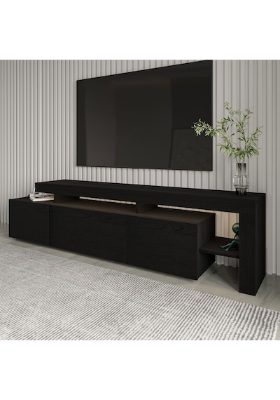 Beliz Modern LED Işıklı 3 Kapaklı, Raflı TV Sehpası – 192 cm, Ahşap Siyah Beliz Modern LED Işıklı 3 Kapaklı, Raflı TV Sehpası – 192 cm, Ahşap Siyah