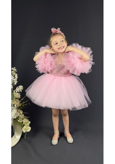 Mnk Baby & Kids Şifon Robalı Ponpon Kol Pul Payetli Kız Çocuk Kabarık Etek Tütülü Abiye Pembe