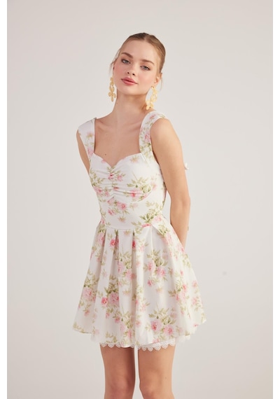 Holly Lolly Eteği Brode Detaylı Çiçekli Mini Romance Elbise Pembe