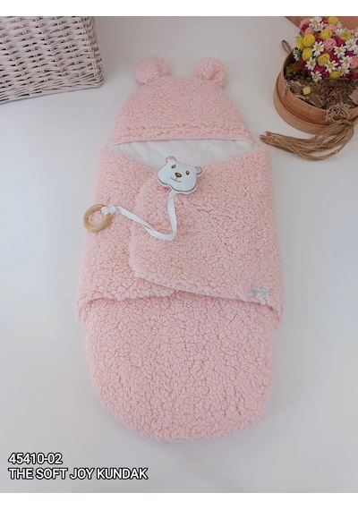 Yenidoğan Kulaklı Şapkalı Açılır Kucaklı Cırt Kapamalı Bebek Battaniyesi Kundak Pembe Çok Renkli