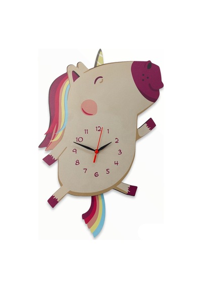 CajuArt Ahşap Sallanan Sarkaçlı Unicorn Çocuk Odası Duvar Saati Çok Renkli