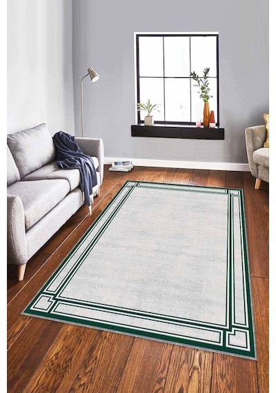 Yeşil Çerçeveli Kaymaz Taban Makinede Yıkanabilir Halı Rv056n11