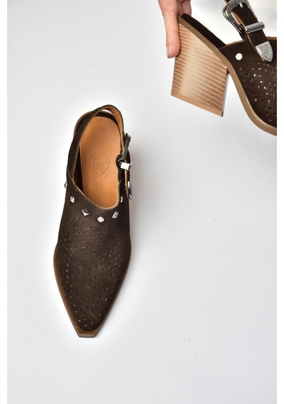 Fox Shoes Y654329102 Kahverengi Hakiki Deri Süet Zımba Detaylı Western Topuklu Ayakkabı