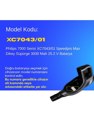 Philips 7000 Serisi Xc7043/01 Speedpro Max Dikey Süpürge 3000 Mah 25.2 V Batarya  Uyumlu Uzun Ömürlü, Yüksek Performans Pil