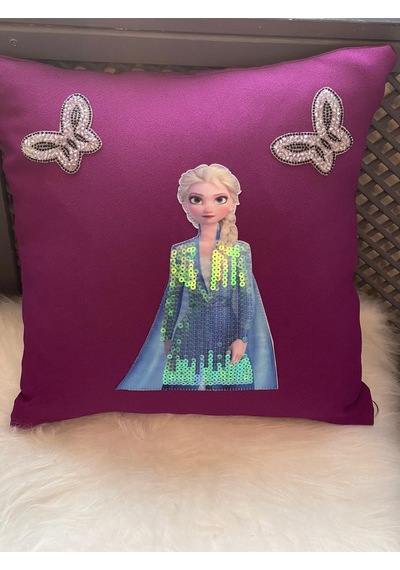 Elsa Ve Kelebek Pul Payetli Kırlent Yastık Kılıfı 40x40 Renkli