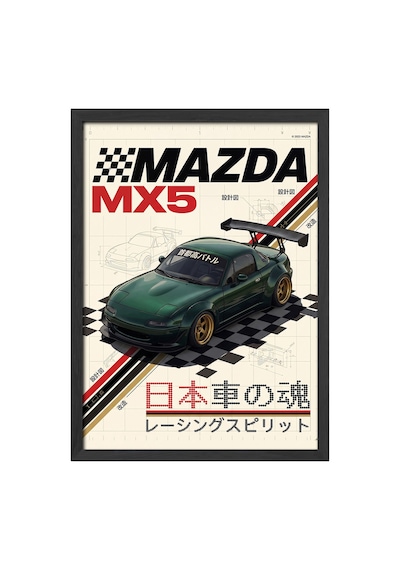 Mazda Mx5 Siyah Ahşap Çerçeveli Poster, Dekoratif Araba Duvar Tablosu