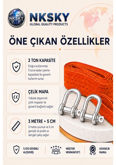 3 Ton Araç Çekme Halatı 3 Metre 5 Cm Genişlik Güçlendirilmiş Uçlu Oto Çeki Halatı