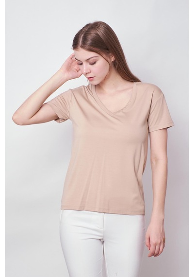 Jument Kadın V Yaka Kısa Kol Likralı Span Kumaş Şık T-shirt Bluz-koyu Bej K.bej