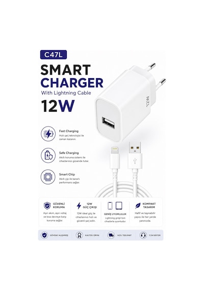 C47l Smart Charger 12w Usb To Lightning Kablolu Hızlı Şarj Aleti Fast Charging Smart Chip Safe Charging Usb Adaptör Ve İos Uyumlu  Şarj Kablosu