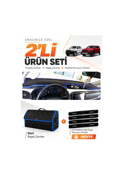 Toyota Hilux 2016-2025 Uyumlu Torpido Örtüsü + Deri Bagaj Çantası + Sticker Seti - Siyah Mavi
