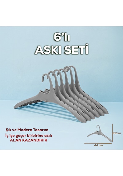 Porsima Harmoni 6 Adet Dolap Içi Düzenleyici Organizer İç İçe Geçen Askı Tişört Gömlek Elbise Askısı Gri
