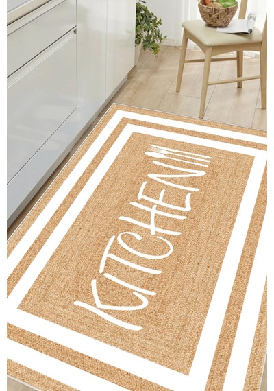 Çerçeveli Kitchen Yazılı Baskılı Kaymaz Yıkanabilir Mutfak Halısı Yolluk Beyaz