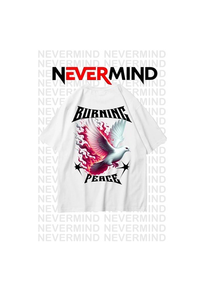 Nevermınd Unisex Burning Peace Baskılı %100 Pamuk Oversize Tişört Beyaz Beyaz