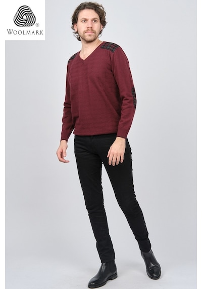 Desen Triko Erkek V Yaka Saf Yün Kazak 0246538 Bordo Bordo