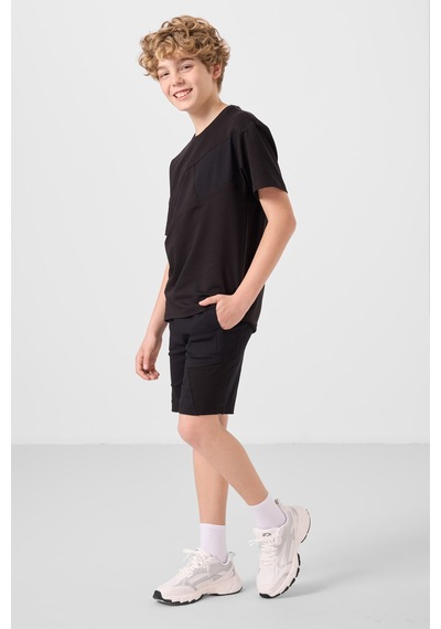 Siyah Pamuklu Oversize Fit Dokuma Hafif Esnek Chino Erkek Çocuk Şort Takım - 11275 Siyah