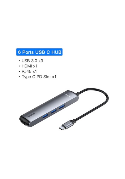 Baseus Usb Type C 6In1 Hdmı 3X Usb 3.0 Rj45 Çoğaltıcı Adaptör