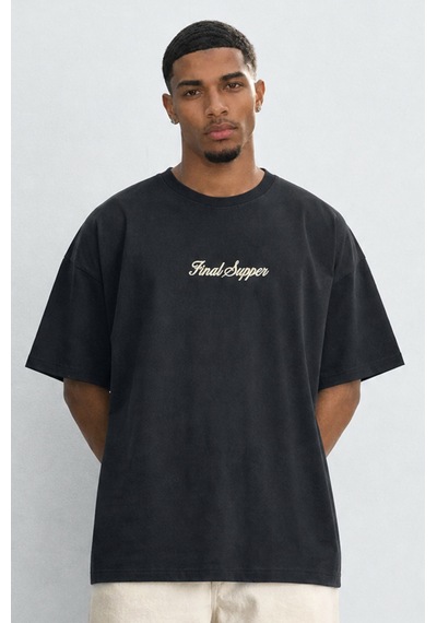 Respire Erkek Final Supper Nakışlı Oversize T-shirt Siyah